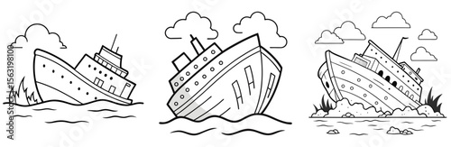 Wrecked Ship Coloring Book Page - Outline Vector Line Art