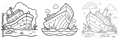 Wrecked Ship Coloring Book Page - Outline Vector Line Art
