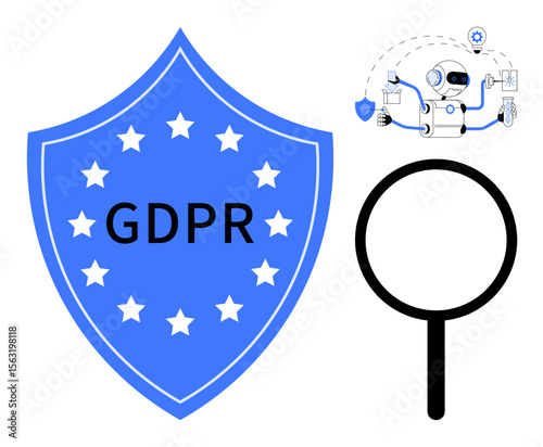 Blue security shield with GDPR text and stars, robotic automation, and magnifying glass for data compliance. Ideal for privacy, internet safety, data protection, governance, automation, AI security