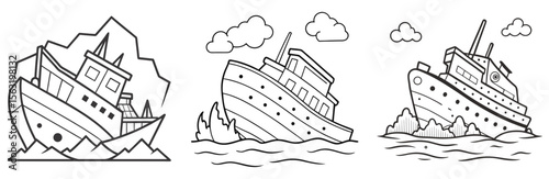Wrecked Ship Coloring Book Page - Outline Vector Line Art
