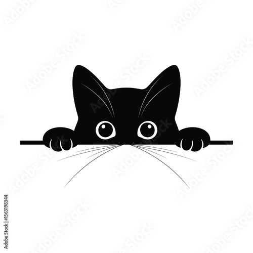 Adorable black cat peeking over edge with big eyes in simple silhouette vector