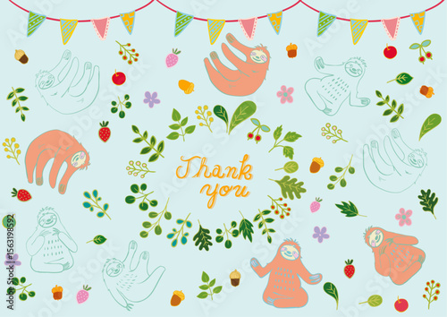なまけものと葉っぱと果物のほのぼの素材セット（手書き文字入り）1　Sloth & Fruits & Leaves Flat Illustration Set with “Thank You” Text