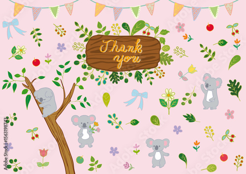 コアラと花と葉っぱと果物のフラット素材セット（手書き文字入り）1 Koala & Fruits & Leaves Flat Illustration Set with “Thank You” Text

