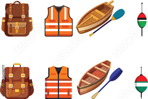 Fishing trip essentials backpacks life vests rowboats paddles and bobbers
