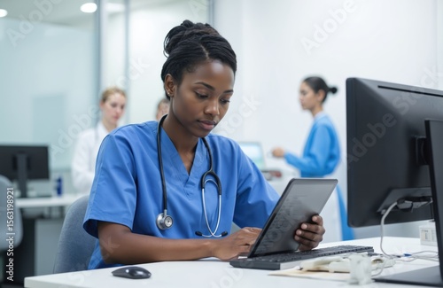 African American nurse checks schedule on digital tablet in medical office. Healthcare specialist works with tech at hospital desk. Woman wears stethoscope, uniform. Doctors on background, clinical
