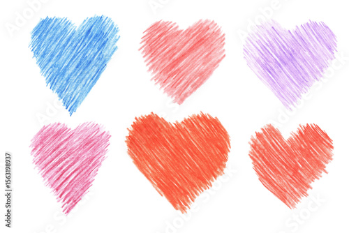 Set of colored pencil drawn hearts. Hand made illustration, watercolor pencils on paper. Bright line art for Valentine's Day cards.