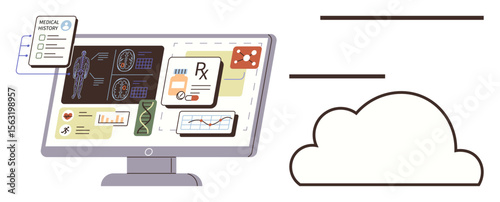 Computer monitor displaying medical records, charts, and prescriptions alongside cloud connection. Ideal for healthcare, data storage, telemedicine, diagnostics, medical research, AI in healthcare