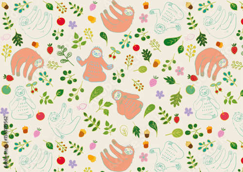 なまけものと葉っぱと果物のほのぼの素材パターン1 Seamless Pattern with Sloth and Fruits and Leaves Flat Design
