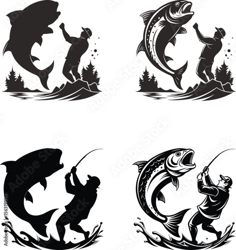 Fisherman catching large fish leaping from water scenes of nature for fishing design concept