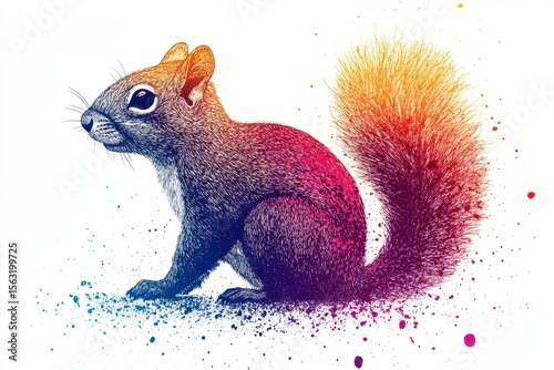 Colorful illustration of a squirrel with vibrant hues of orange, pink, and blue depicting its lively figure and bushy tail in an artistic style