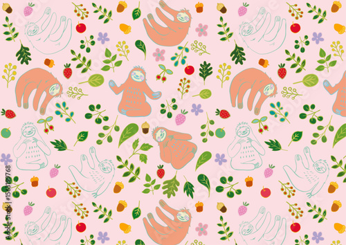 なまけものと葉っぱと果物のほのぼの素材パターン3 Seamless Pattern with Sloth and Fruits and Leaves Flat Design
