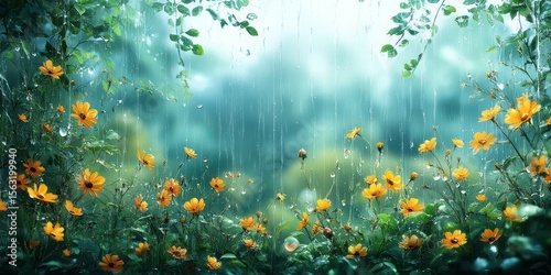 Rainfall nourishes vibrant yellow flowers in a lush garden during early morning hours, showcasing nature's beauty