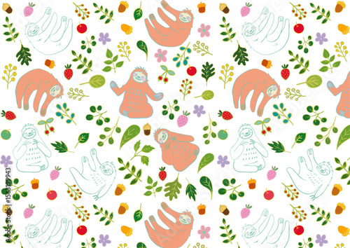 なまけものと葉っぱと果物のほのぼの素材パターン4 Seamless Pattern with Sloth and Fruits and Leaves Flat Design
