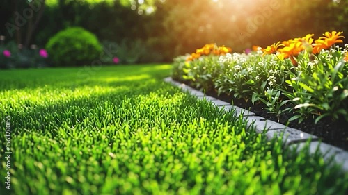 Lush green lawn with flowerbeds in sunlight