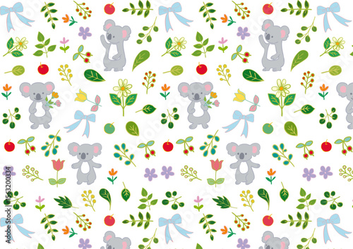 コアラと花と葉っぱと果物のフラットパターン2　Seamless Pattern with  Koala & Fruits & Leaves Flat Illustration