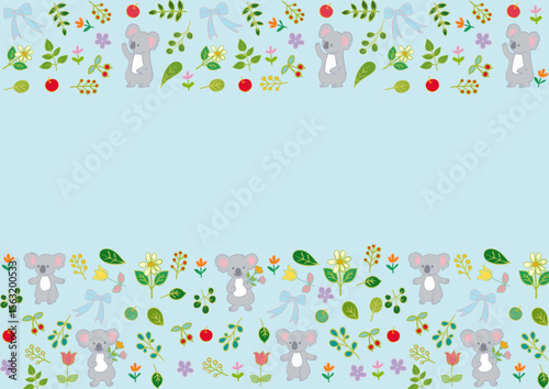コアラと花と葉っぱと果物のフラットフレーム1 Koala & Fruits & Leaves Frame Flat Illustration