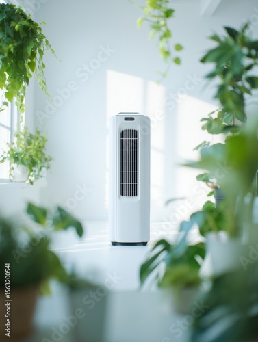 Product shot of a sleek white air purifier or tower fan placed on a wood surface in a clean room.