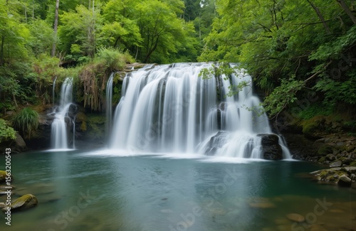 Scenic waterfall flows in green forest. Picturesque nature landscape with fresh water cascade, stones, trees. Relaxing tranquil tropical jungle park scene, wild environment, ecology, adventure