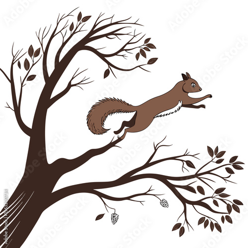 Squirrel on a branch, a charming vector illustration in nature's green forest, with leaves and tree silhouettes