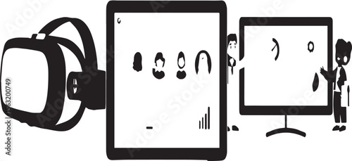 Vr headset tablet and monitor displaying data with cartoon characters in a light background setting