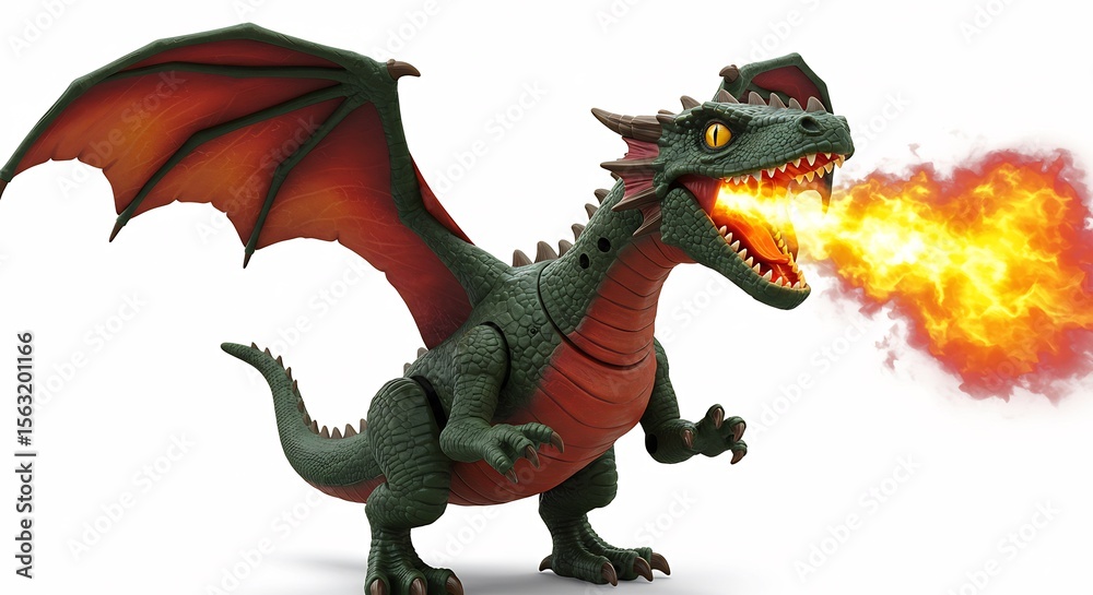 Fototapeta premium Fiery green dragon toy breathes vibrant flames isolated on white background. AI Generated