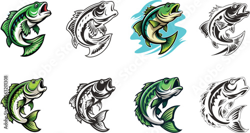 Leaping fish in various styles some colored some monochrome