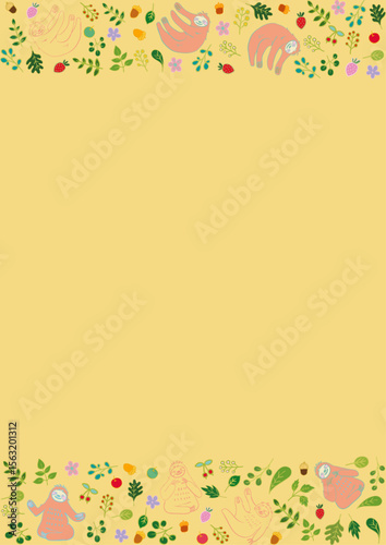 なまけものと葉っぱと果物のほのぼのフレーム 縦1 Cute Sloth and Fruits and Leaves Frame Flat Illustration
