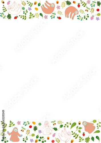 なまけものと葉っぱと果物のほのぼのフレーム 縦2 Cute Sloth and Fruits and Leaves Frame Flat Illustration
