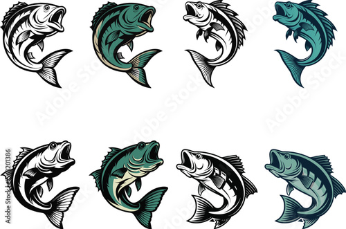 Leaping fish illustrations in black and teal