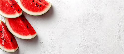 Several watermelon slices arranged on a textured white surface