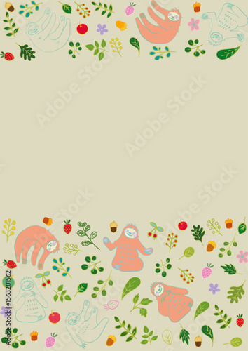 なまけものと葉っぱと果物のほのぼのフレーム 縦3 Cute Sloth and Fruits and Leaves Frame Flat Illustration
