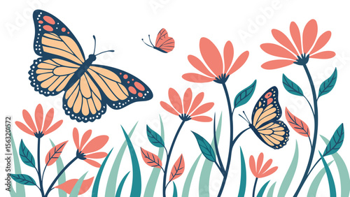 Butterflies with Flowers Isolated on White Background Vector Illustration