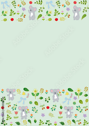 コアラと花と葉っぱと果物のフラットフレーム 縦1 Koala & Fruits & Leaves Frame Flat Illustration