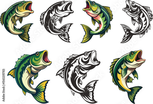 Leaping fish illustrations in color black and white designs
