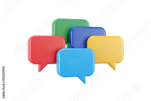 Five colorful 3D speech bubbles in red, green, blue, cyan and yellow arranged together, isolated on a transparent background