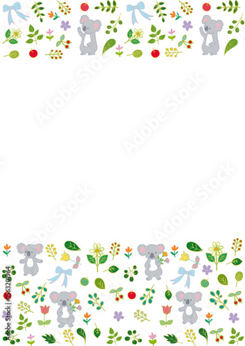 コアラと花と葉っぱと果物のフラットフレーム 縦2 Koala & Fruits & Leaves Frame Flat Illustration