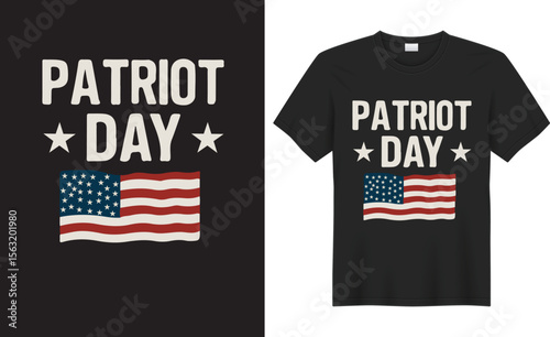 Bold and respectful Patriot Day t-shirt design featuring American flag, twin towers silhouette, and “Never Forget 9/11” text—honoring heroes and remembering the fallen.
