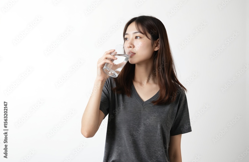 Young asian woman drinks water isolated on white background. Beautiful brunette woman holds glass. Hydration, healthcare, thirst, detox. Refreshment, health concept, healthy life. Quench thirst, Young asian woman drinks water isolated on white background. Beautiful brunette woman holds glass. Hydration, healthcare, thirst, detox. Refreshment, health concept, healthy life. Quench thirst,