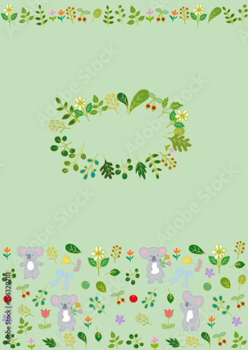 コアラと花と葉っぱと果物のフラットフレーム 縦3 Koala & Fruits & Leaves Frame Flat Illustration