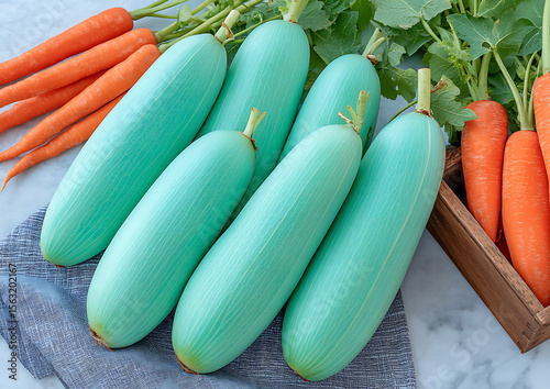 Fresh zucchini and carrots arranged on a marble countertop with a gray towel
