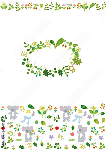 コアラと花と葉っぱと果物のフラットフレーム 縦4 Koala & Fruits & Leaves Frame Flat Illustration