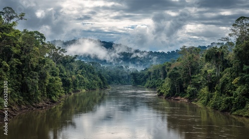Image of river in Peruvian jungle. Amazon forest during day with clouds. Open nature traveling in the river., no logos, no brands