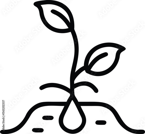 Growing sprout with leaves and water drop in simple line art style