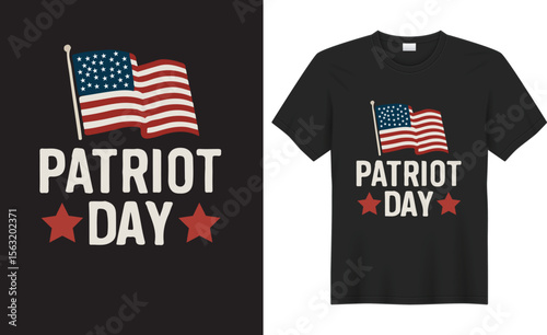 Bold and respectful Patriot Day t-shirt design featuring American flag, twin towers silhouette, and “Never Forget 9/11” text—honoring heroes and remembering the fallen.
