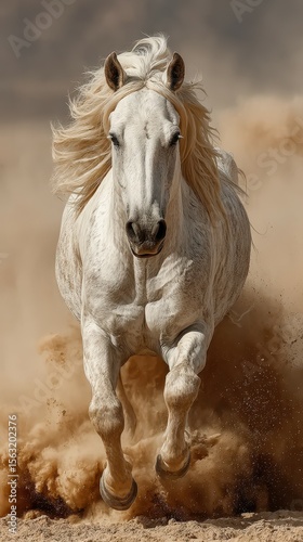 Majestic white horse gallops through desert sand during golden hour, showcasing strength and grace in its movement