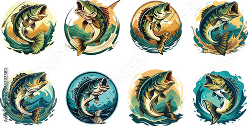 Leaping fish illustrations fishing outdoors nature water splash