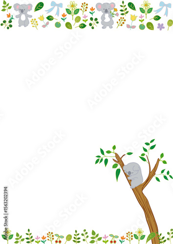 コアラと花と葉っぱと果物のフラットフレーム 縦6 Koala & Fruits & Leaves Frame Flat Illustration