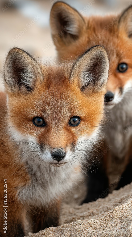 Naklejka premium Two playful red fox kits explore their sandy habitat in a tranquil natural setting during a sunny afternoon