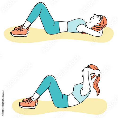 Vector illustration of woman doing abdominal crunch exercise in two poses