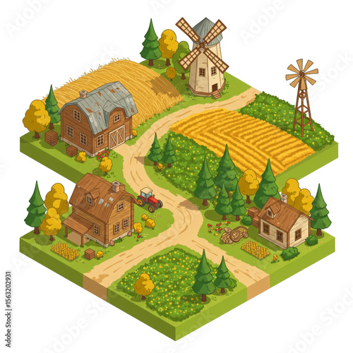 Isometric view of a charming rural farm scene with buildings, fields, and a windmill.